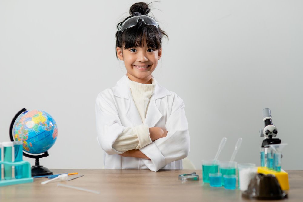 education science chemistry children concept kids students with test tube making experiment school laboratory